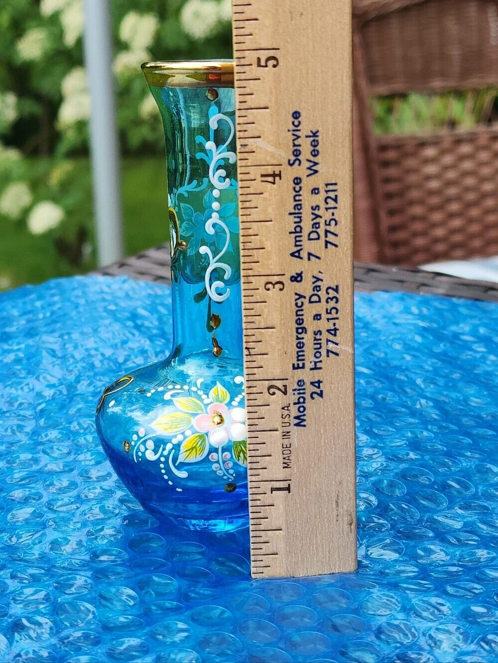 Vtg Glass Boho MCM Azure Blue Vase Hand painted Gold Embellishments Floral EUC